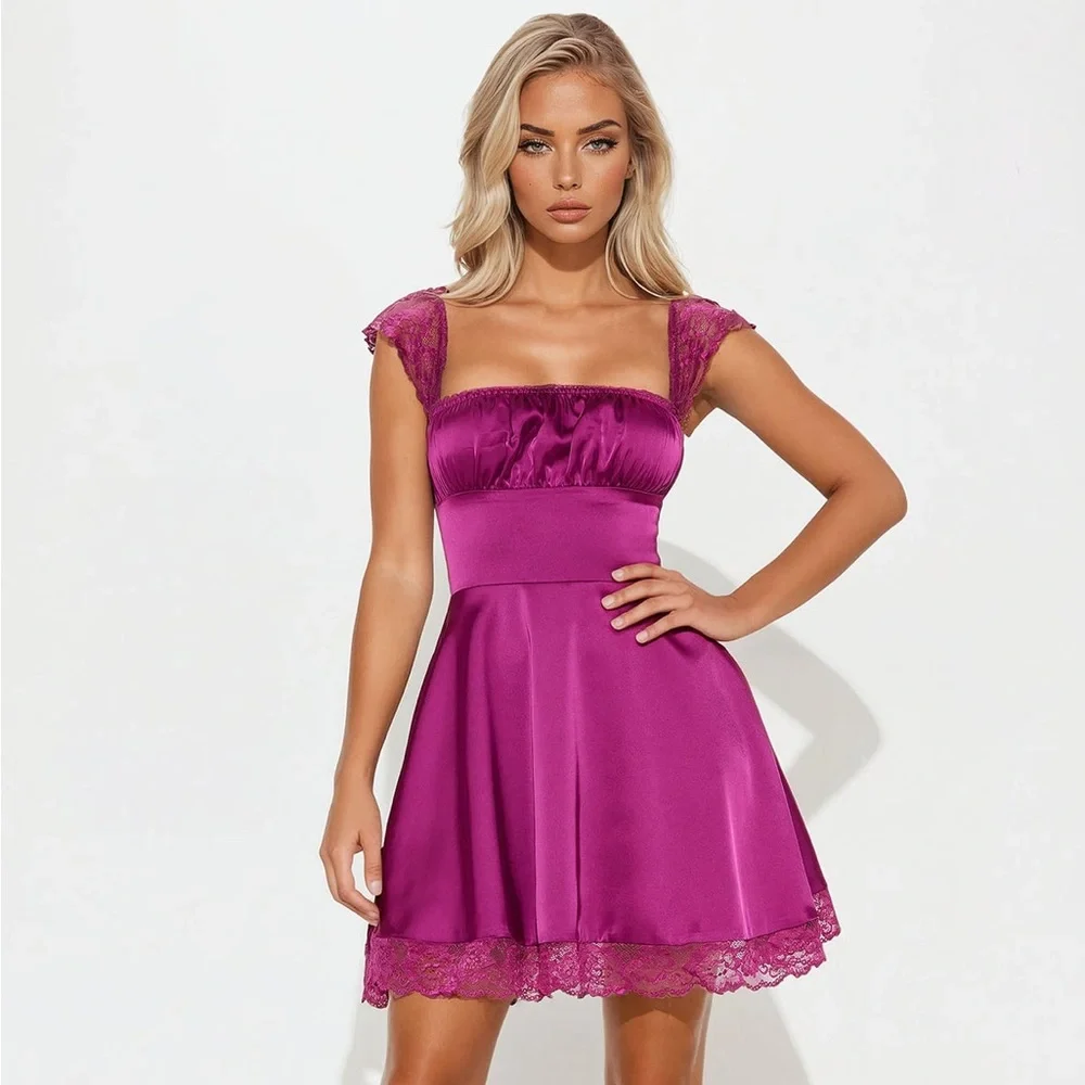 NWT FASHION NOVA Clara Satin Mini Dress in Plum - Picture 2 of 6